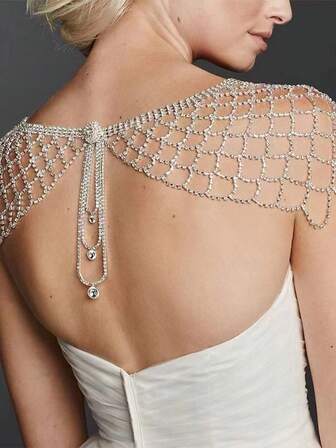 1pc Fashionable Rhinestone Mesh Hollow Out Shoulder Chain, Luxurious Crystal Fringe Shawl Wrap With Gift Box For Women, Suitable For Wedding, Party