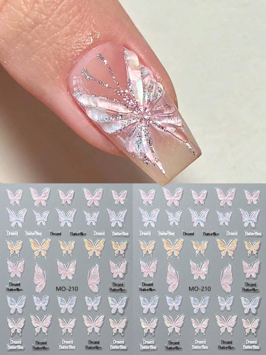FULL BEAUTY 2入組蝴蝶貼紙5D紫粉色全息美甲貼紙自粘夏季設計裝飾美甲配件DIY - 彩色 - 查看 1