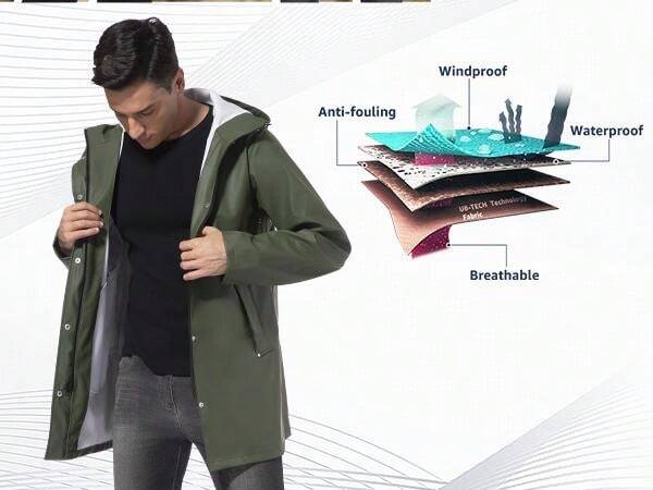 Langer Regenmantel Männer Schwarz Wasserdicht Mit Kapuze - Outdoor Regenponcho Wandern Angeln