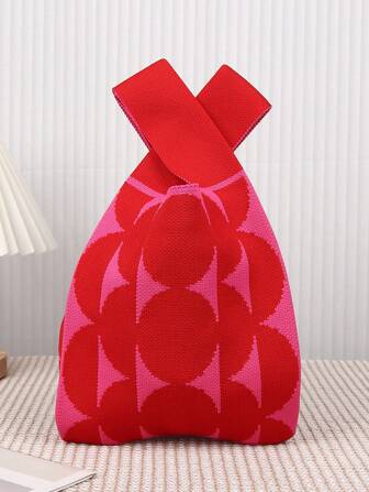 Mini lichtgewicht opvouwbare ademende rode en roze gebreide gehaakte handtas en polstas met kleurblokkerend ontwerp, leuk voor universiteit, vakantie, school en winkelen, geschikt voor vrouwen en meisjes, moederdagcadeaus, moedercadeaus, mama's benodigdheden, mama-tas om uit te gaan