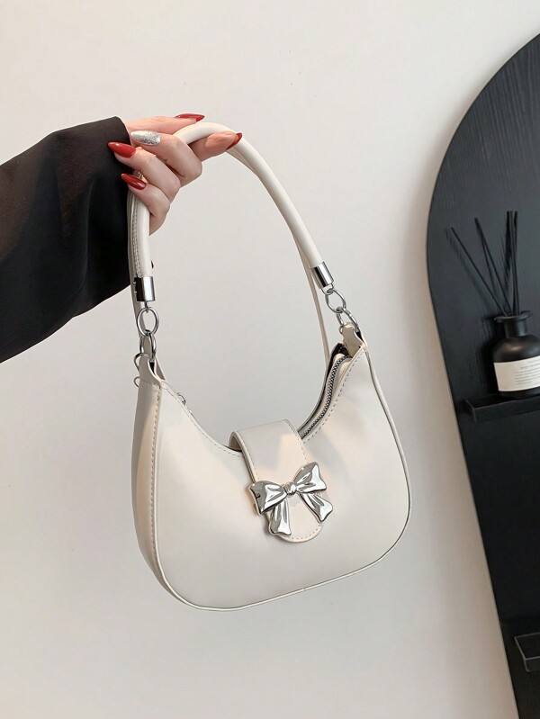 Borsa a mezzaluna di moda decorata con fiocco, borsa a spalla minimalista in pelle PU, borsa a tracolla, portafoglio elegante da donna per San Valentino