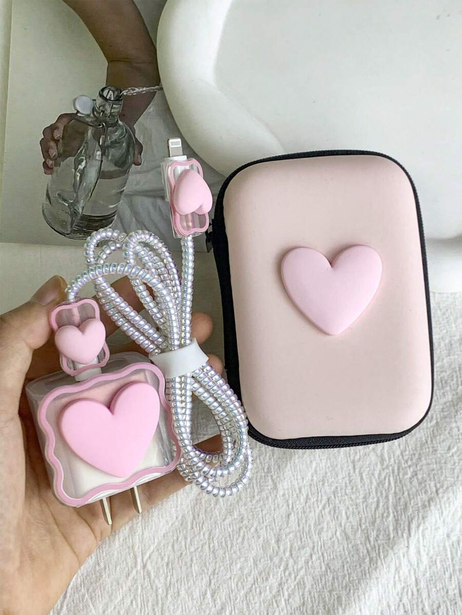 6pcs Apple Charger Protector Set (Data Cable, Wired Earphones, Wireless Earphones) & EVA Storage Bag Cable Organizer - Pink - View 1