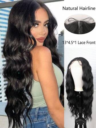 Synthetic Heat Resistant Lace Front Wigs With Baby Hair T-Part 13*4.5*1 Pre-Plucked Hairline Synthetic Heat Resistant Long Loose Curly Water Wave Hair 28inch Black Color Partial Separation Daily Used High Quality For Women Natural Looking Good Quality Synthetic Soft Wear To GO
