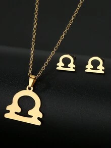 3pcs Stainless Steel Zodiac Sign Necklace And Earrings Set - Gold - View 18