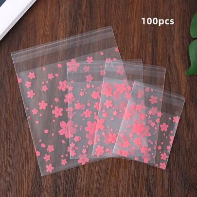 100个半透明磨砂粉红樱花自粘袋，饼干礼品样品月饼糖果包装袋学校用品食品袋食品盒适用于糖果巧克力饼干等。