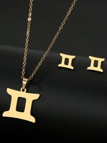 3pcs Stainless Steel Zodiac Sign Necklace And Earrings Set - Gold - View 15