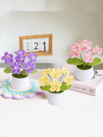 1入手工編織勿忘我盆栽，適用於派對裝飾、桌面裝飾、書架裝飾與家庭辦公室裝飾