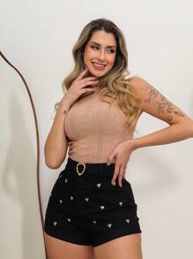 PLUS SIZE LYCRA JEANS SHORTS EMBROIDERED HIGH WAIST COVERED BUTTON - màu đen - Xem 7
