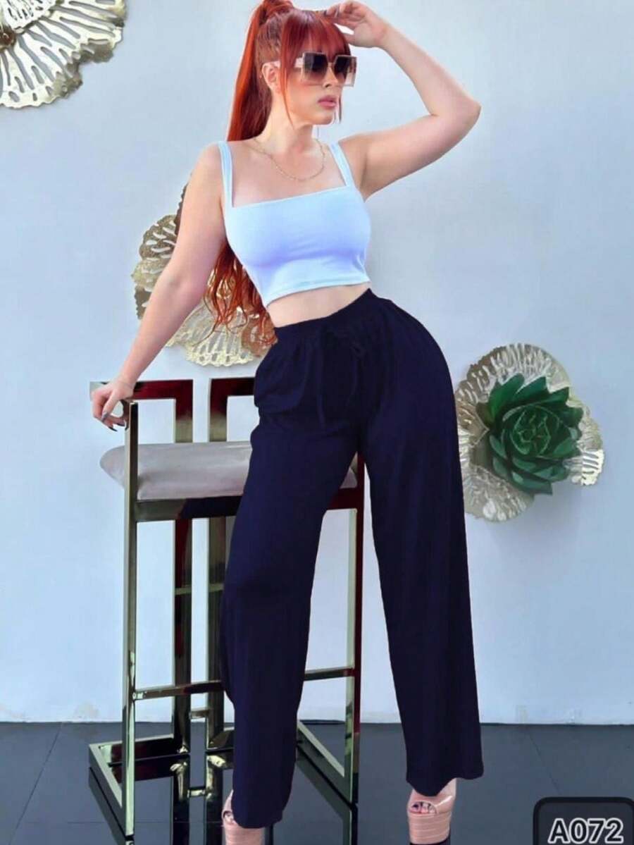 SET 2 PZS MOD. SOFIA TOP AND FRESH FABRIC PANTS - Black - View 1