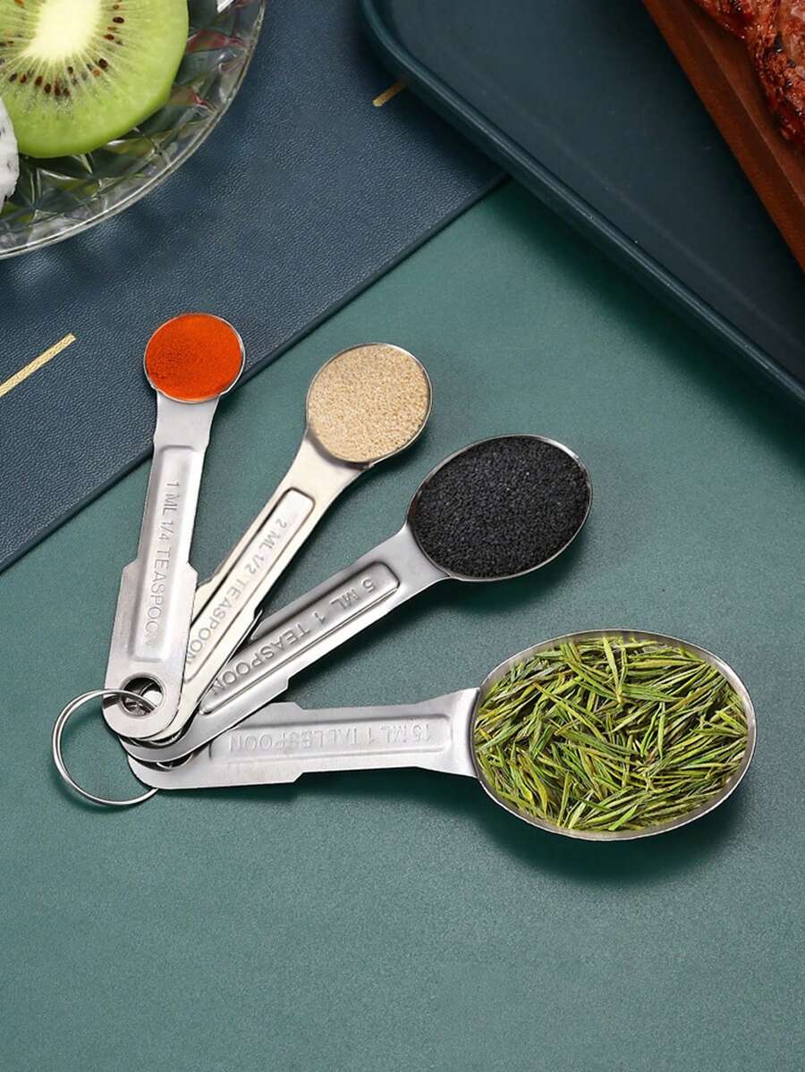 1 Set Stainless Steel Measuring Spoons, Creative Kitchen Baking Tools, 4pcs Graduated Measuring Spoons Set - Silver - View 1
