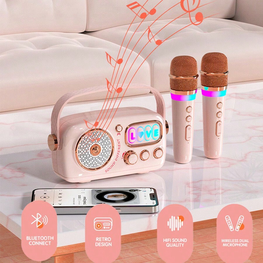 Mini Karaoke Machine With 2 Wireless Microphones, Portable Bluetooth