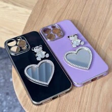 Cute 3D Bear Heart Mirror Plated Phone Case For IPhone15Promax SamsungS23 Ultra S23 Plus Silicone Soft Shell,International Version, Not The Domestic Version - White - View 9
