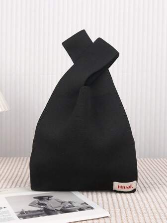 1pc Solid Color Black Lightweight Knitted Crocheted Hollow Tote Bag For Women, Foldable And Portable, Suitable For Casual, Vacation, School And Commute, All Seasons, Mother Day Gifts, Mom Gifts, Mommy's Essentials, Mommy Bag For Going Out