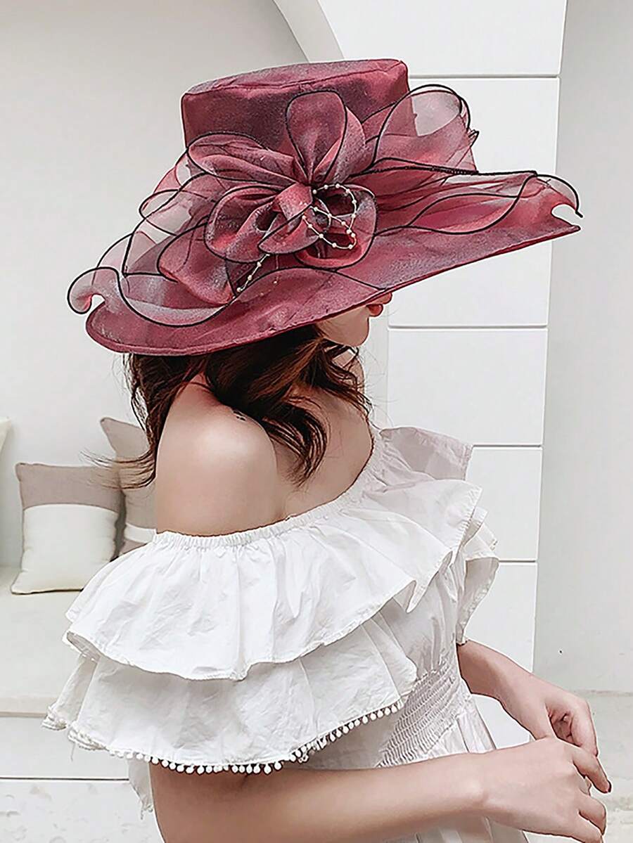 1頂新款優雅歐式蕾絲帽，綴有花卉裝飾的復古送禮帽，適用於女士，夏季防曬可摺疊漁夫帽和裝飾帽 - 彩色 - 查看 1