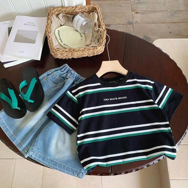 Young Boy Striped Short Sleeve T-Shirt 2024 Summer New Casual Simple All-Match Tops
