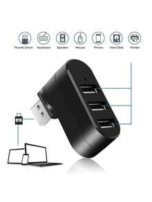 3口2.0版小型轉接器，筆記本電腦HUB，USB旋轉分配器 - 黑色 - 查看 3