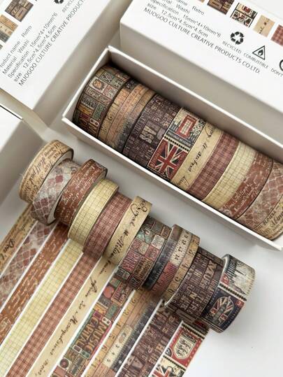 Set de 10 bucăți benzi Washi 15 mm 10 mm Grilă retro Model drăguț Hârtie Bandă adezivă de mascare Autocolante decorative