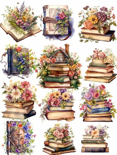 1 Set Watercolor Retro Book House Stickers, Cartoon Patterned, Glitter Finish, Self-Adhesive, Matte Paper, Single Use, For Diary Album Scrapbooking Cute Translucent Decorations Back To School