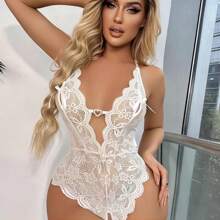 ♡Lace sexy lingerie,women sexywear,one-piece , open file jumpsuit,Lencería Sexy para Mujer Body de Encaje Transparente floral y con anilla de Corazon ♡ - Blanco - Ver 1