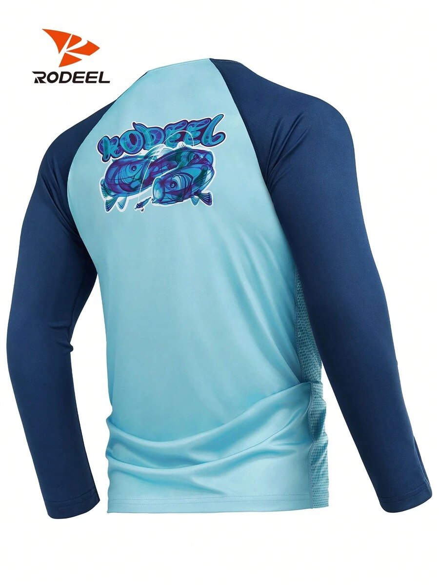 RODEEL Men's Fishing Shirt Long Sleeve Sports Tee Quick Dry Rash Guard Beach Top Gym Clothes Spring Tops Basic T Shirt - Baby Blue - View 1