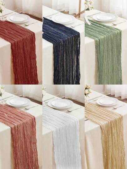 1pc, 90*180cm Cheesecloth Bohemian Polyester Table Runners,Pleated Atmospheric Table Runner,Solid Color Table Cover,Holiday Desktop Decoration Fabric Table Runner,Home Decoration,Dining Table Decor,Room Decor,Wedding Decor