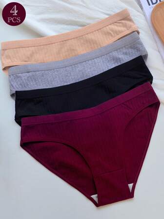 4 条装女士纯色中腰内裤，舒适、透气、亲肤、宽腰带设计，适合日常穿着