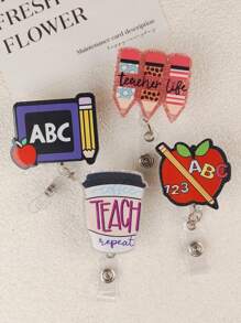 1pc Retractable ID Badge Holder With Letter, Teacher, Apple, Pen, Coffee Elements, Suitable As Teacher Gift Or Student Daily Wear