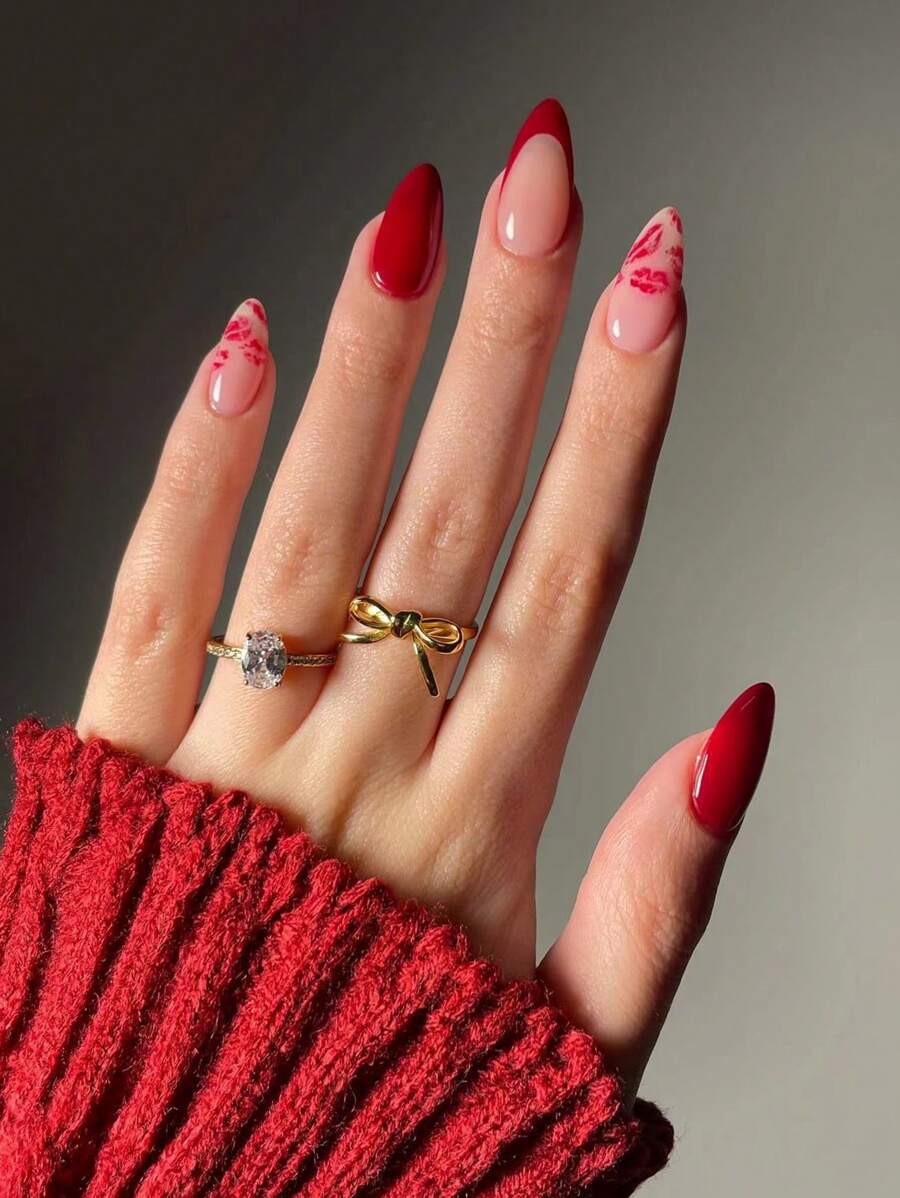 Express Your Love With , 24pcs/Set Press On Nails Medium Almond French Press On Nails Lip Print Pattern Design Acrylic Fake Nail , Contain 1pc Jelly Glue And 1pc Nail File, Suitable For Women And Girls, Daily Life And Party Valentine's Day Use Nail Supplies