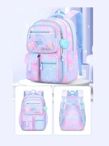 1入時尚休閒女士背包，大容量學校書包，適用於15.6英寸筆記本電腦，旅行背包，多袋設計，配有心形毛絨吊飾，適用於青少年女孩、中學和高中學生，學校和旅行（隨機印花圖案）