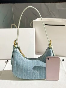 1 Pieza Bolso De Hombro Con Patrón Y Múltiples Funciones, Decoración De Metal Y Cierre De Cremallera Para Mujeres - verde menta - Ver 3