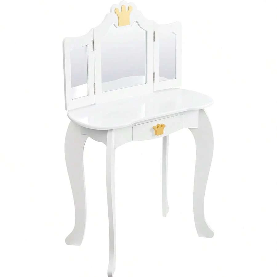 2-in-1 Princess Makeup Vanity Table With Stool - Wooden Dressing Table For Toddler Girls With Mirror