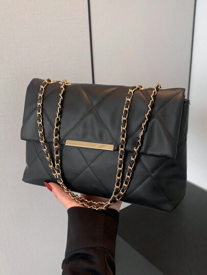 Bolsa a tiracolo simples com bordado de losangos, Bolsa de mão simples, Bolsa a tiracolo casual, Bolsa Flap Dupla com Fivela Dupla e Corrente Dupla, Bolsa Transversal de Moda