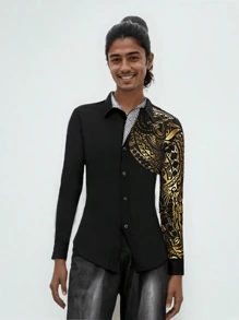 Camisas Para Hombre De Manga Larga Con Estampado Dorado - Negro - Ver 4