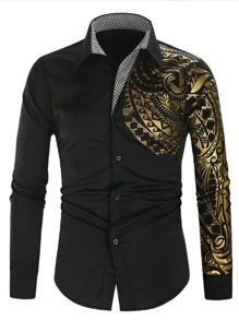 Camisas Para Hombre De Manga Larga Con Estampado Dorado - Negro - Ver 1