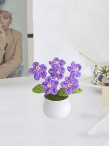1 pieza Decoración de hogar con flores de nomeolvides tejidas a mano en macetero, se puede usar para decoración en fiestas, en la mesa, en la estantería de casa y en la oficina - Morado - Ver 5