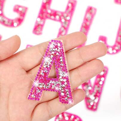 Rhinestone Iron On Patch Initial A-Z Pearl Bling Rhinestone Letter Patch Glitter Alphabet Rhinestone Pearl English Letter For DIY Car Decoration Arts Clothing Craft Supplies (Pink)