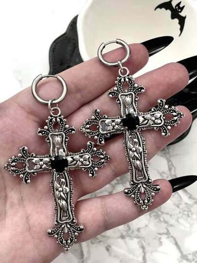 2pcs Gothic Large Silver Colour Tone Jewel Cross Earrings With Black Punk Hallowmas Jewellery Gorgeous Wedding Statement Women