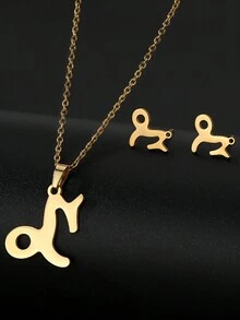 3pcs Stainless Steel Zodiac Sign Necklace And Earrings Set - Gold - View 5
