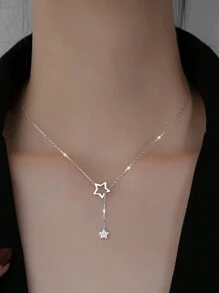 1pc S925 Sterling Silver Star Pendant Necklace With Tassel, Delicate Gift