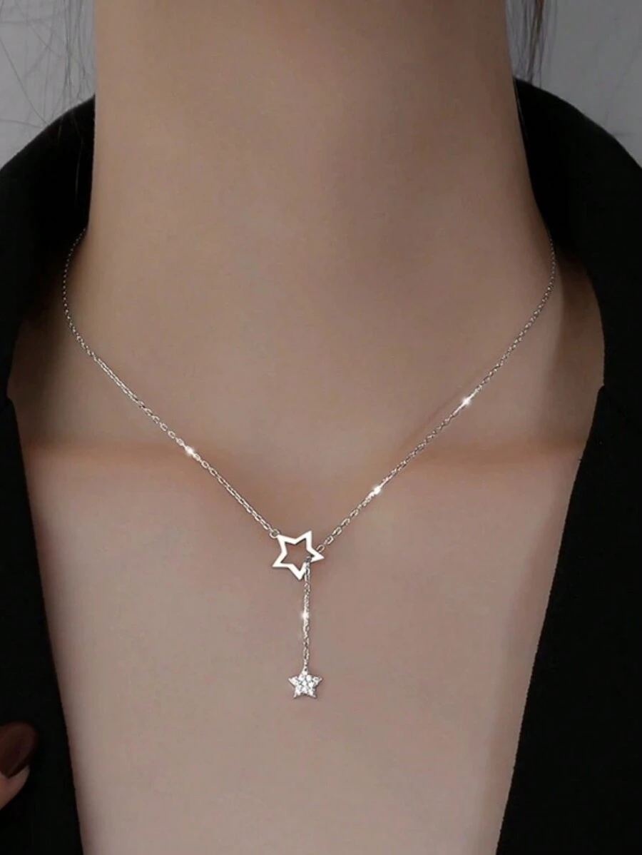 1pc S925 Sterling Silver Star Pendant Necklace With Tassel, Delicate Gift