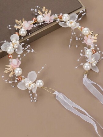 Elegant 1pc Girls' Flower Crown Headband, Mori Style Princess Faux Pearl Hairband, Fairy Princess Dress Show Hair Accessory, Wedding Or Birthday Party Decor Tiaras Valentine's Day Accessories
