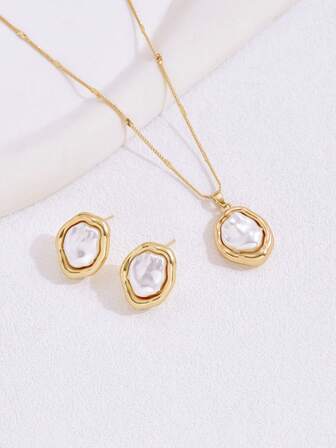 2入組銅製幾何珍珠和貝殼造型時尚鍍金項鍊和耳環套裝，適合送禮