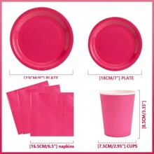 粉色一次性餐具套装，含盘子和餐巾，适合 24 位客人的派对用品，非常适合生日、婚礼、派对和家庭野餐、圣诞节 - 玫紅色 - 查看 2