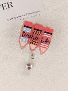 1pc Retractable ID Badge Holder With Letter, Teacher, Apple, Pen, Coffee Elements, Suitable As Teacher Gift Or Student Daily Wear