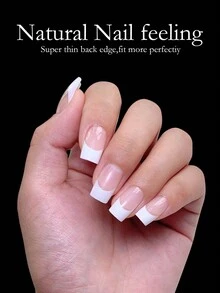 Caja de 120 piezas Uñas postizas francesas acrílicas de mediana longitud con forma cuadrada, de cobertura completa. Uñas postizas de presión mixtas removibles, suministros para uñas - Blanco - Ver 3