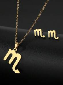 3pcs Stainless Steel Zodiac Sign Necklace And Earrings Set - Gold - View 12