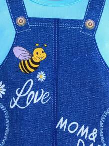女婴夏季短袖可爱蜜蜂图案连衣裙，二合一款式 - 藍色 - 查看 4