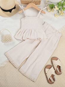Young Girl Bow Shoulder Peplum Cami Top & Wide Leg Pants
