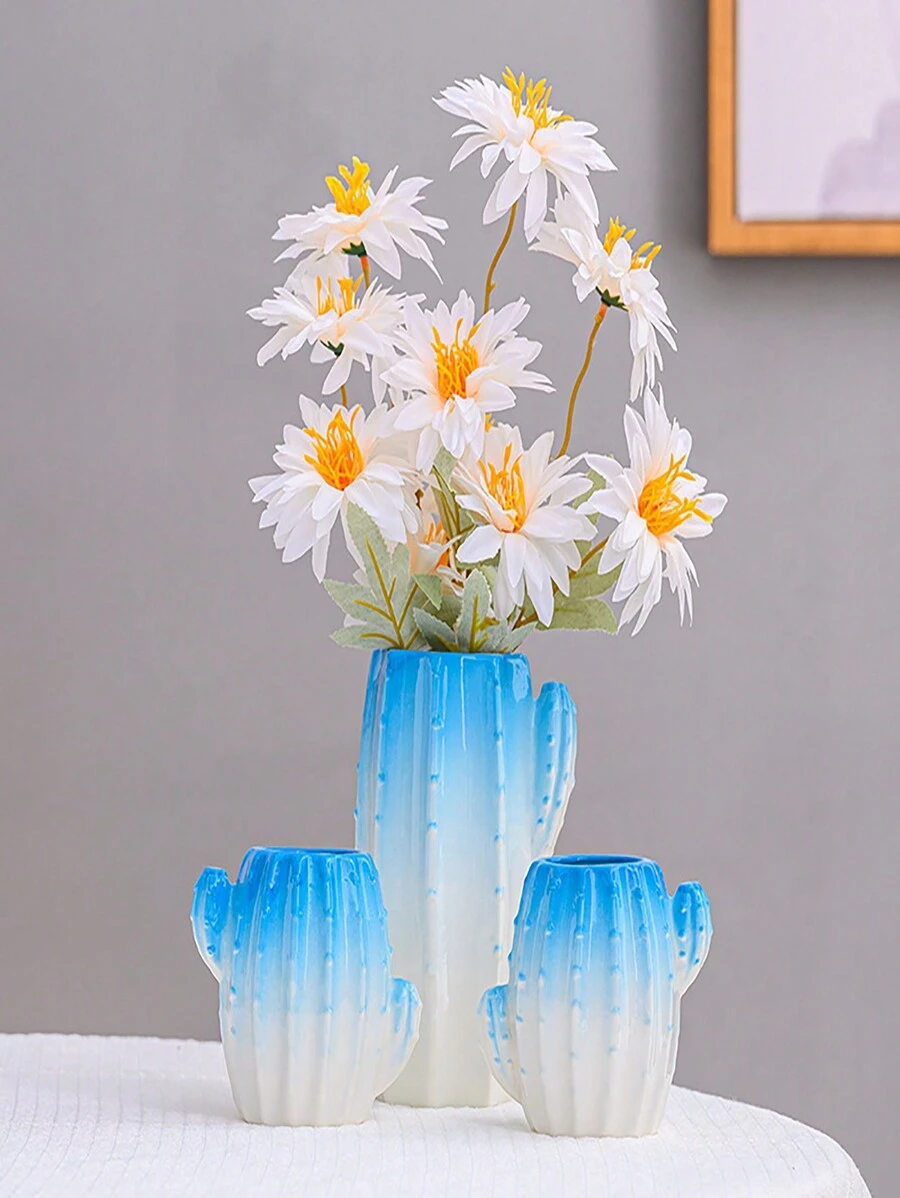 手工製作的仙人掌造形陶瓷花瓶/筆筒，具有彩色釉面處理，適用於花卉佈置/桌面整理/多功能裝飾 - 藍白色 - 查看 1