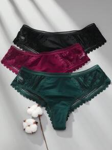 VKME Set de 3 Tangas de lencería sexy de cintura baja con contraste de encaje calado